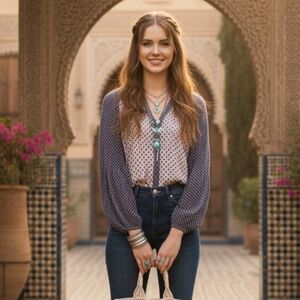 EUC Boden Size 4 Pink Navy Floral Contrast Sleeve Peasant Blouse!